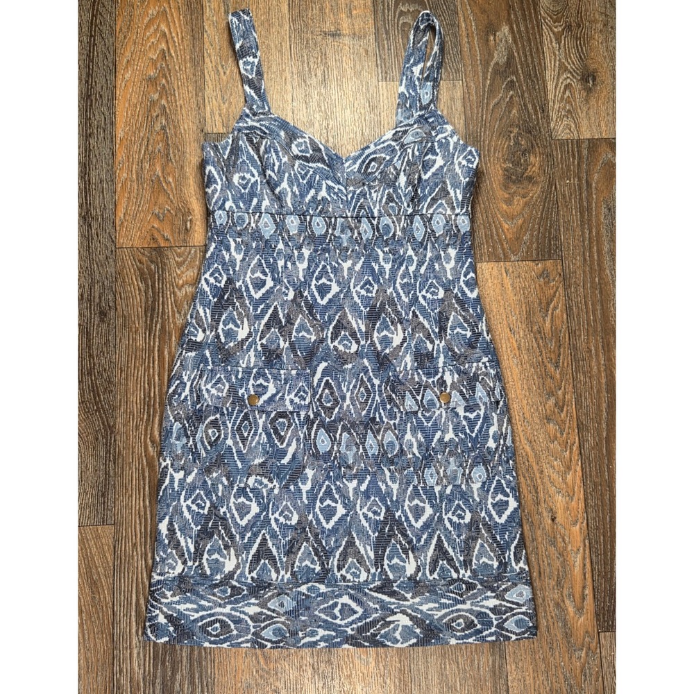 Maggy L Womens Blue Ikat Jacquard V-Neck Sheath Dress Size 8 Pockets Zipper Back